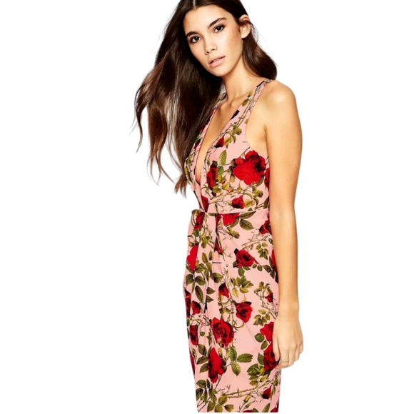 Nwot Ginger Fizz Sleeveless Plunging V Peach/Red Roses Asymmetrical Midi… - Picture 9 of 17